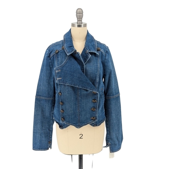 Free People Double Breasted Denim Jacket Blue S bohemian moto retro western - Picture 1 of 7